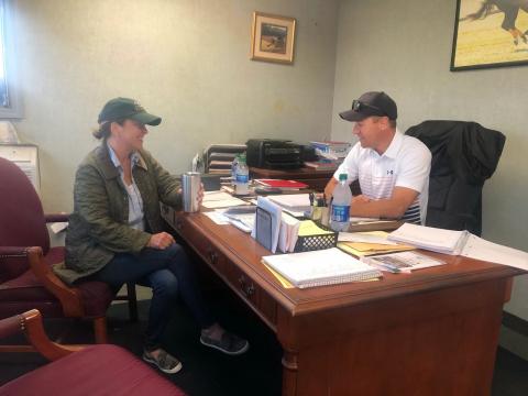 Second Stride founder Kim Smith and trainer Tommy Drury in Drury's barn office at the Skylight training center in Oldham County. Jennie Rees photo